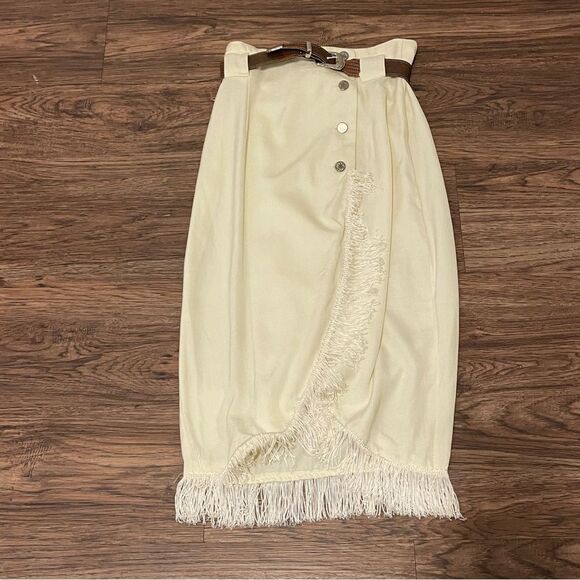 Vintage Francine Browner Midi Fringe Button Belted Wrap Skirt Cream Lt Yellow 7 - Picture 9 of 14